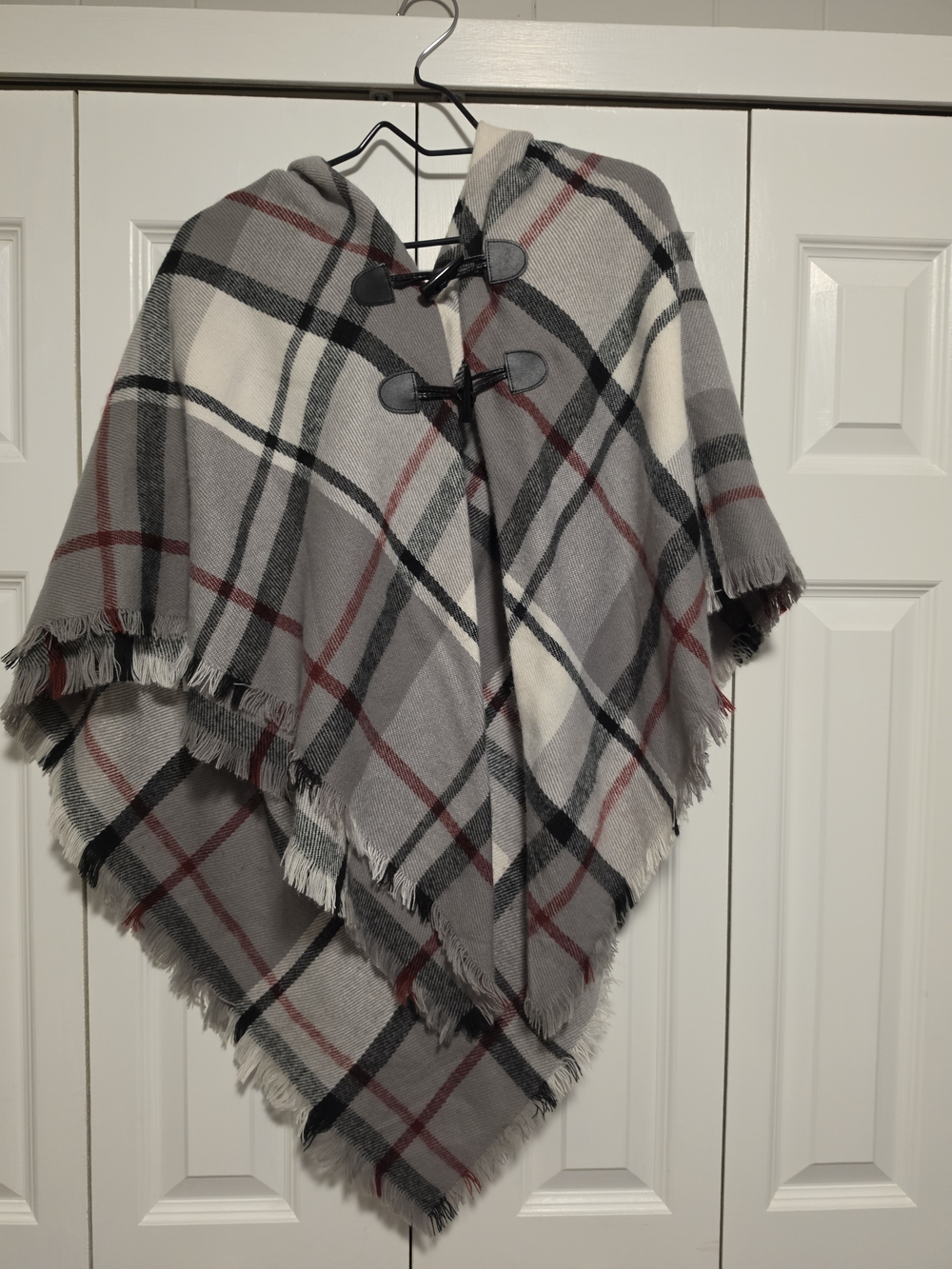 Plaid Hooded Poncho Cape in Gray and Cream